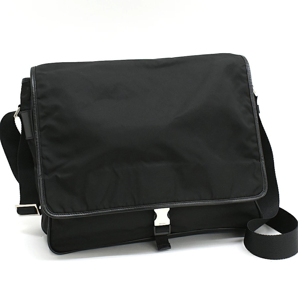 Prada Crossbody Messenger Shoulder Bag Leather Black Triangle Plate